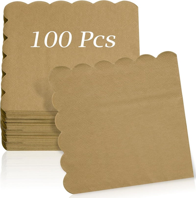 Hoiny 100 Pcs Cocktail Napkins, 2-Ply 5 x 5 Inches Disposable Scalloped Napkins, Thick Premium Dessert Napkins for Party, Wedding, Dinner, Birthday, Anniversary, Festival (Brown) - Image 1